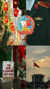Bàn tay đặt gần ngực áo, chiến sĩ thể hiện tinh thần bảo vệ nhân dân trong khung ảnh trang nghiêm.