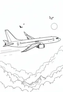 Bạn nhỏ mặc áo sọc tô đuôi máy bay, trên bàn có hộp màu mở nắp