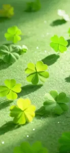 Dải cỏ bốn lá chạy chéo trên nền xanh non, giọt sương làm ảnh tươi hơn.