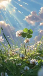 Cỏ bốn lá vươn trên đồng hoa, tia nắng xuyên mây làm cảnh sáng trong.