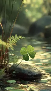 Một nhánh cỏ nhỏ mọc cạnh đá ướt, sau lưng là dòng nước mờ vàng.