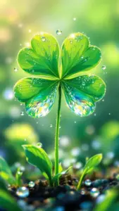 Cỏ bốn lá căng mọng phủ đầy sương, ánh xanh bokeh làm khung hình rực lên.