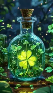Chiếc lọ thủy tinh nút bần giữ cỏ bốn lá phát sáng giữa rừng xanh tối.