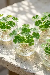 Nắng cửa sổ chiếu lên chậu thủy tinh, nhiều cụm cỏ nhỏ mọc chen trên bàn.