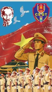 Trước nền cờ đỏ, biểu trưng Bộ Công an Việt Nam nổi bật trên mũ kê pi sáng rõ.