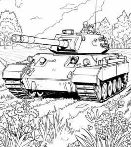 Tranh tô màu Monster Tank Alpha có mắt robot phát sáng, bánh xích gai lớn và thân giáp dữ dằn giữa nền đá nứt