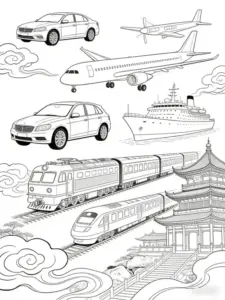 Khung cảnh nhiều phương tiện có ô tô, tàu hỏa và máy bay lướt qua cầu