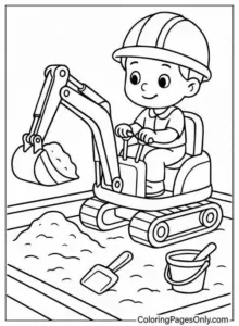 Một chiếc cần cẩu đứng xa phía sau tranh tô màu xe xúc với nền cát gọn