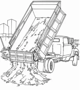 Cần dài của xe cẩu vươn qua công trường, bên dưới xe ben đang nhận bó vật liệu