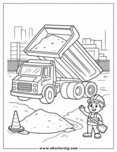 Bé nhìn xe trộn bê tông đứng cạnh xe ben, cả hai có bánh lớn và đèn tròn
