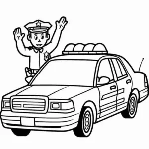 Chiếc xe cảnh sát đậu trước gara nhỏ, bên cạnh có thùng dụng cụ, lốp dự phòng và biển báo thấp.