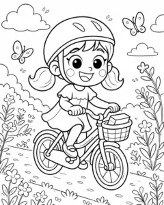 Bé trai cầm ván trượt đứng bên xe đạp, áo sọc và nụ cười hiện rõ trên tranh