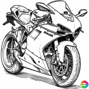 Trang tập tô màu có xe số gọn gàng chạy qua biển báo, bé đội mũ nhìn sang bên