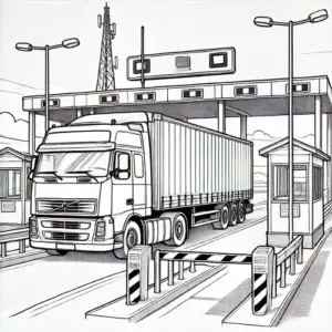 Tài xế mặc áo sọc ngồi trong cabin, tay cầm vô lăng, mắt nhìn về kho hàng