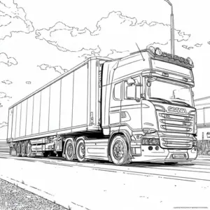 Xe container dài chạy ngang bến cảng, phía sau có cần cẩu và vài thùng hàng xếp chồng