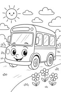 Xe buýt nhỏ cười dưới nắng, tranh bé tập tô xe cộ có hoa sát vệ đường
