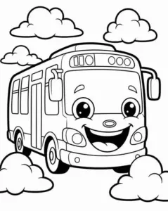Mây bao quanh tranh xe buýt cho bé, chiếc xe mỉm cười với bánh xe tròn nổi.