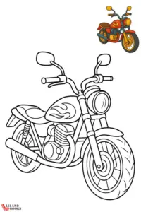 Mẫu in trang tập tô màu cho thấy thân xe cong, bé ngồi sau ôm balo nhỏ