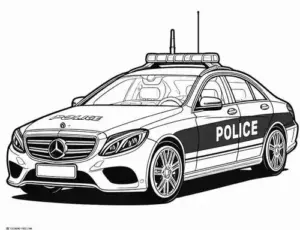 Mẫu xe cảnh sát mini chạy qua công viên, phía sau có cây thấp, mây tròn và con đường cong nhẹ.
