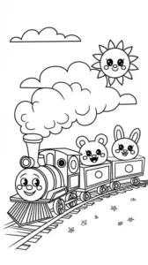 Chuyến Polar Express hiện lên với toa xe cổ, đèn trước sáng và tuyết phủ nhẹ trên mái tàu.