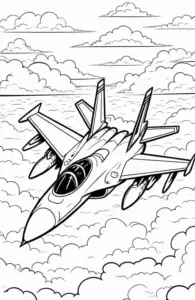 Tranh tô màu máy bay chiến đấu F 16 Fighting Falcon đang cất cánh, thân xám và mây trắng phía sau