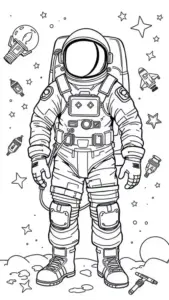 Phi hành gia nhỏ đứng cạnh biểu tượng NASA, bộ đồ có nhiều ngăn và mũ tròn lớn dễ tô.
