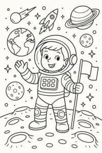 Bé trai tô mũ bảo hộ của Neil Armstrong, phía dưới là mặt trăng có nhiều miệng hố rõ nét.