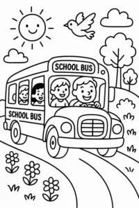 Nắng, mây và hoa bao quanh xe buýt nhỏ, ba em bé cười sau ô cửa.