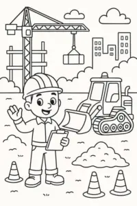 Một chiếc xe trộn bê tông đỗ gần cabin cẩu, bánh xe lớn tạo bố cục chắc chắn