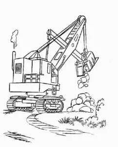 Dây cáp nối với cần trục cao, cabin nhỏ có kính lớn và bánh xe tròn rõ nét