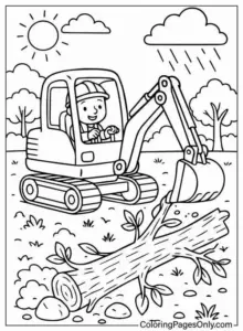 Tranh tô màu xe máy xúc Caterpillar đang nâng gầu lớn cạnh đống đất, cabin vuông nổi bật
