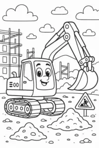 Hình xe Hitachi đặt giữa công trường nhỏ, người lái đội mũ nhìn qua cửa kính