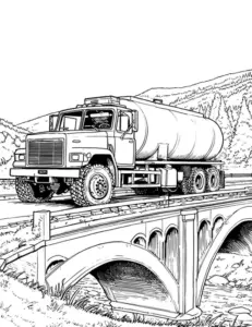 Trang tập tô màu xe buýt dừng cạnh xe tải nhỏ, cửa kính lớn và bánh xe xếp thẳng