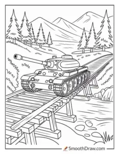 Chiếc M1 Abrams được vẽ bằng nét đậm, nòng pháo hướng nhẹ lên cao, thân xe rộng tạo nhiều mảng tô rõ ràng