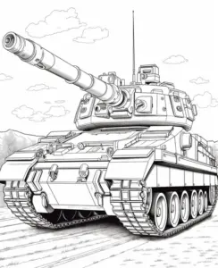 Bé lính nhỏ đứng cạnh Leopard 2, tay cầm bản đồ nhiệm vụ, khuôn mặt vui vẻ giữa nền cây thấp và ụ đất
