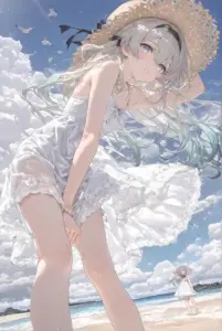 Dưới mặt nước xanh, anime girl cute đội mũ rơm nằm nghiêng trong váy trắng mỏng
