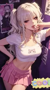 Cô nàng tóc vàng buộc đôi đứng trong phòng, áo croptop trắng và váy hồng rất tươi