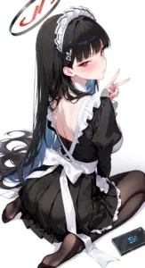 waifu dễ thương tóc đen mặc váy maid tạo dấu peace, gương mặt cúi nhẹ đầy bẽn lẽn