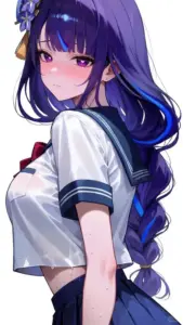 mỹ nhân anime tóc tím quay lưng trong đồng phục thủy thủ, ánh mắt nhìn ngang cuốn