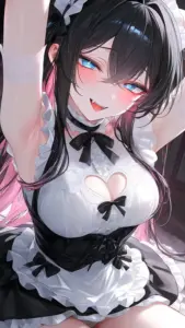 Nàng tóc đen trong váy maid cúi sát khung hình, má ửng hồng và cười tinh nghịch