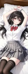 cô nàng anime đáng yêu nằm trên giường, áo sơ mi trắng và váy xếp ly