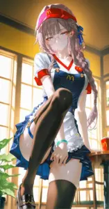 Ảnh gái anime cute tóc đỏ ngồi bên cửa sổ nắng, trang phục đen đỏ nổi bật