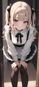 nữ anime xinh xắn tóc vàng mặc váy maid, ngồi khép chân với ánh nhìn ngại ngùng