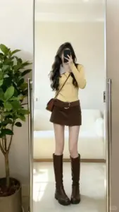 Chậu cây xanh cạnh gương nổi bật cô gái áo vàng váy nâu cầm smartphone che mặt