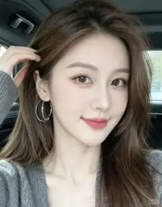 Cận mặt hot girl Trung Quốc tóc nâu uốn nhẹ, đeo khuyên tròn mỉm cười thanh tú