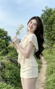 Giữa nền trời xanh, nàng Việt mặc set kem ôm dáng, nghiêng người khoe mái tóc dài