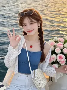 Khung hình bên hồ ghi lại cô nàng tết tóc, áo trắng váy xanh và bó hoa hồng