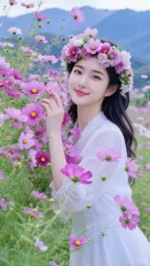 Bó hoa tím và vòng hoa trên tóc tôn nét đáng yêu của cô gái mặc váy trắng