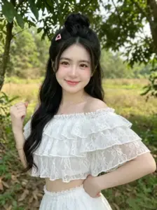 Nụ cười cô nàng tóc dài mặc áo bèo trắng nổi bật giữa vườn xanh nắng nhẹ