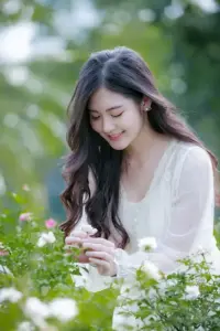 Giữa vạt hoa trắng, cô gái áo trắng cúi nhìn nhẹ với mái tóc dài buông mềm